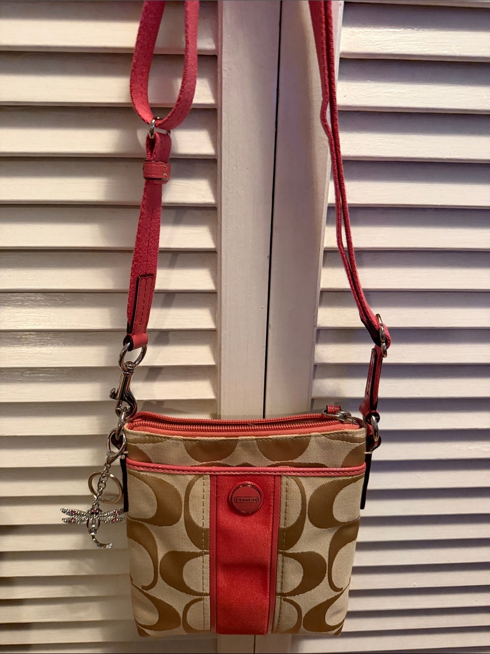 Coach Khaki Signature Slingback Crossbody with Coral Trim